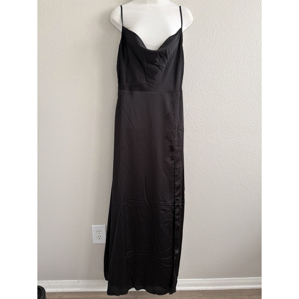 Lulus Large Black Satin Maxi Slip Dress 90s Minimalist Cowl Neck Dress